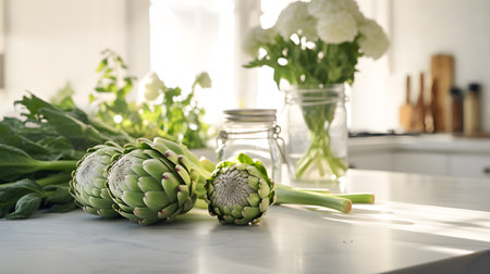 White kitchen, morning light, Ripe artichokes on the table. Generative AIの素材