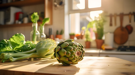Ripe artichokes on the table on the kitchen, morning light. Generative AIの素材