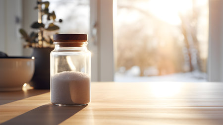 Glass jar with salt on the table in the kitchen, soft light. Generative AIの素材