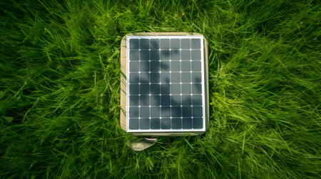 Top view of Portable Solar Power in Travel. Innovative Solar Charging. Generative AIの素材
