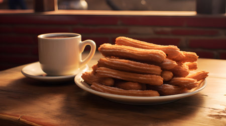 Churros, a traditional dessert with Spanish or Mexican origins, are served on a plate with sugar and chocolate. Generative AIの素材