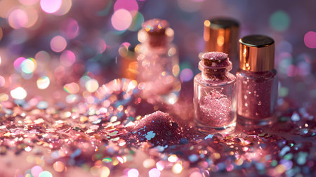 Purple glitters, beauty concepts by fabricating props with radiant glitters encased in jars. Generative AIの素材