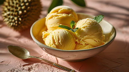 Exotic fruit ice cream, Durian Fruit on the background, light pink background, with shadows from the window. Generative AIの素材