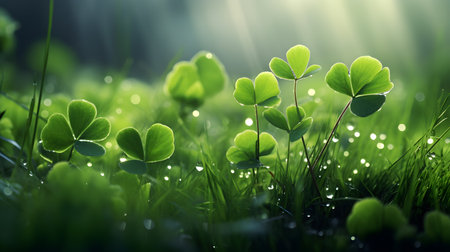 A field of green clovers or shamrocks with dew. Horizontal background for Saint Patricks day. Generative AIの素材