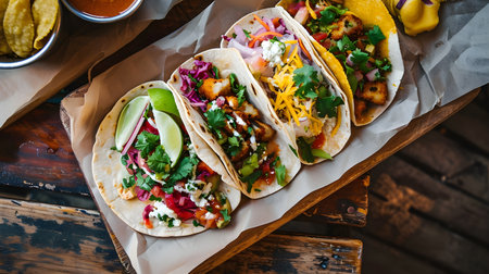 Vegetarian Mexican street food poke tacos, vegetables, salad, avocado, and fish, exemplifies a harmonious fusion of culinary influences. Generative AIの素材
