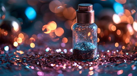 Makeup concept, shining glitters into container, with a particular focus on the elegant shades of purple and pink. Generative AIの素材