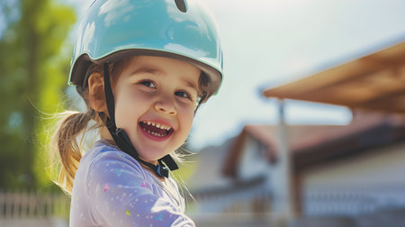The four-year-old child girl is in helmet, for scooter, bicycle, or balance bike, emphasizing the importance of protection. AI Generatedの素材