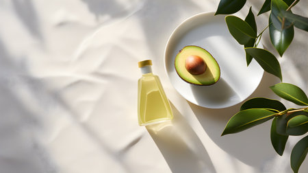Alternative oil, top view avocado oil, white table, morning light. Generative AIの素材