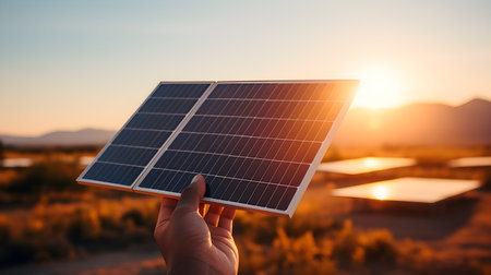 Man's hand holding Portable Solar Power, Innovative Solar Charging. Generative AIの素材