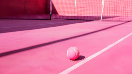 A pink tennis ball is on a pink court, representing a fitness for women. AI generatedの素材