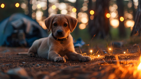 Summer Retreat, Hiking, Camping, and Bonfire Fun with a Lively Labrador Retriever Puppy Friend. Generative AIの素材