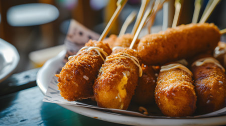 Traditional American junk food, the corndog, is displayed on a plate on the table at the street cafe, highlighting its significance on National CornDog Day. generative AIの素材