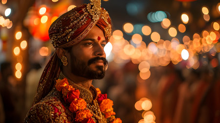 Dressed in traditional attire, the Indian groom partakes in the rituals of a conventional wedding ceremony. Generative AIの素材