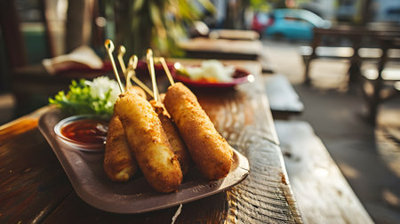 The street cafe showcases a corndog on the table, highlighting its role as a traditional American junk food, particularly recognized on National CornDog Day. generative AIの素材