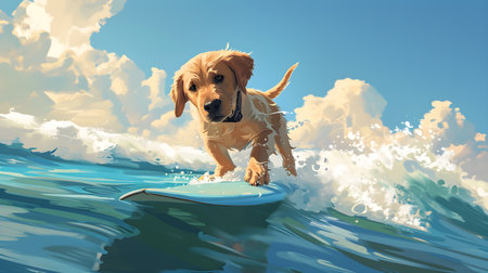 Labrador Retriever puppy is happily surfing in the ocean, making bright splashes on the coast. generative AIの素材