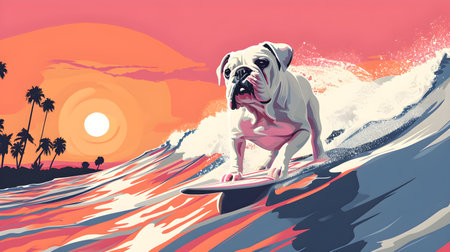The small Bulldog dog has fun surfing in the ocean, causing colorful splashes. generative AIの素材