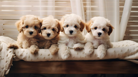 In a comfortable domestic setting, several Maltipoo puppies, a hybrid of Maltese and Poodle, are sitting at home. generative AIの素材