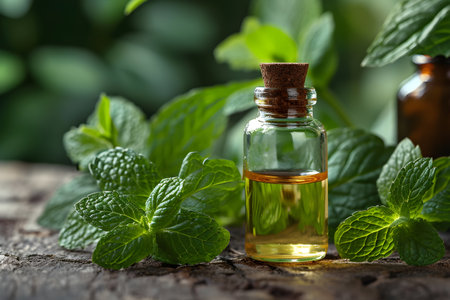 Herbal Harmony: Peppermint Aromatherapy in a Glass Bottle. Generative AIの素材