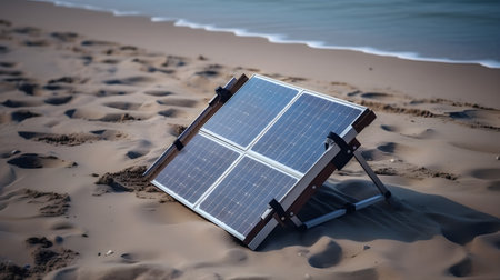 Green Energy in Traveling, beach, send, ocean. Solar Panel. Generative AIの素材