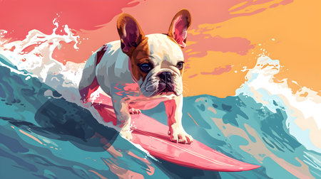 A playful French Bulldog puppy rides the waves, creating colorful splashes in the ocean. active sport, pink and blue colors. generative AIの素材