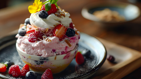 Summer Symphony: Berries and Ice Cream in a Bowl. Generative AIの素材