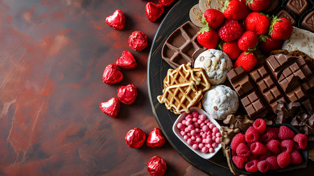 A Valentine's Day charcuterie board, complete with sweets, strawberries, chocolate, and cookies, embodies a timeless and romantic holiday treat. generative AIの素材