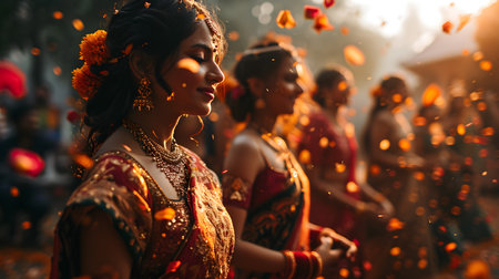 A woman of Indian descent, elegantly attired in traditional clothing and adorned with jewelry, performs a culturally rich dance at a wedding. Generative AIの素材