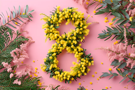 International Women's Day, Number 8 by Mimosa and Ferns, Pink background. Generative AIの素材