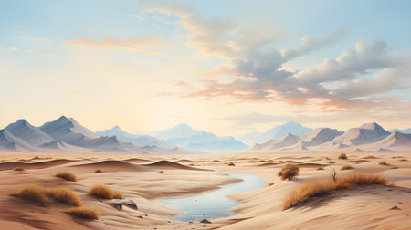 Desert landscape with river, and sandy shores. Earthy colors, oil painting. Generative AIの素材