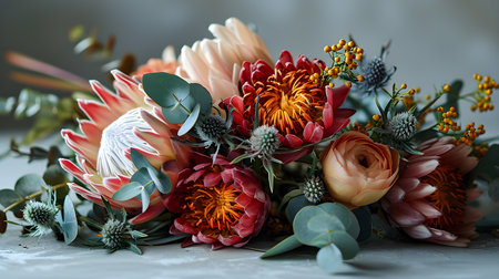 Floral Delight, Pink Protea Blossom in a Boho Vintage Bouquet. Generative AIの素材