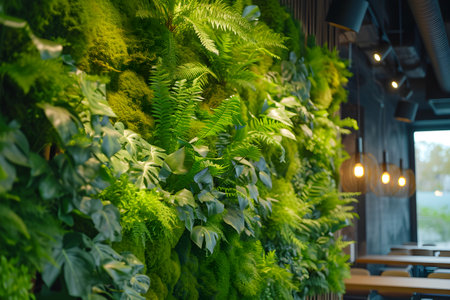 Morning Glow at the Mossy Cafe: A Green Oasis Indoors. Generative AIの素材