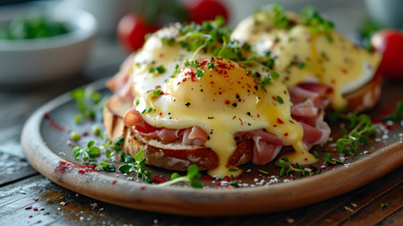 French Fusion: Delicious Eggs Benedict in a Graphic Presentation. Generative AIの素材