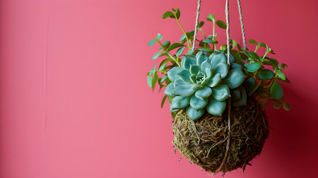 Pink backdrop, a Kokedama with cactus and succulent, traditional Japanese plant cultivation, featuring moss in the context of do-it-yourself Japanese home gardening. Generative AIの素材
