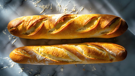 Rustic Charm: Top View of Organic French Baguette in Bakery Display. Generative AIの素材