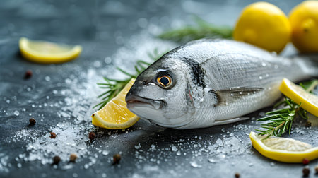 Dorado on Gray Background with Copy Space - Culinary Harmony. Generative AIの素材