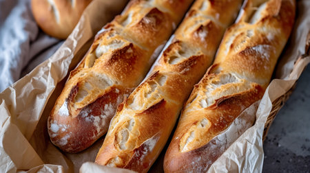 Closeup of Organic Baguette in Rustic Bakery. Generative AIの素材