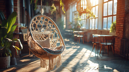 Stylish Macrame Swing in a Boho Cafe Escape. Generative AIの素材
