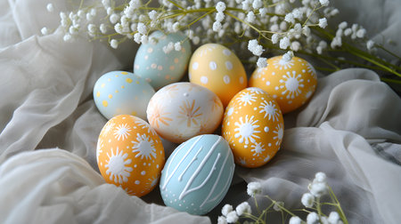 Textured Delight: Happy Easter with Decorative Eggs in Blue and Yellow. Generative AIの素材