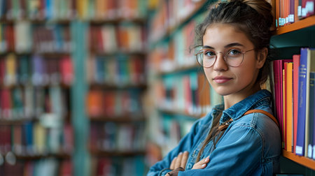 Academic Brilliance: A Confident Student Amidst the Library Bookshelves. Generative AIの素材
