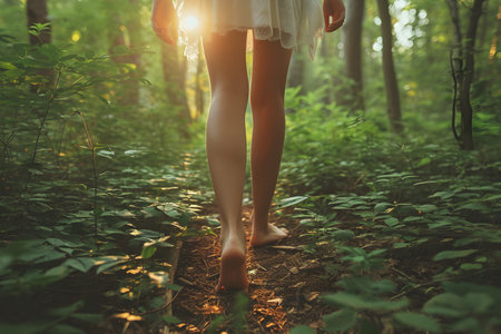 Soleful Serenity: Barefoot Woman Walking in the Green Tranquility of Nature. Generative AIの素材