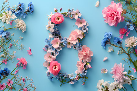 Floral postcard, number 8, pink and blue colors, Generative AIの素材
