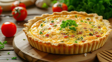 A delicious tradition: quiche Lorraine with onions and bacon. Generative AIの素材