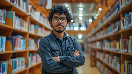 A Happy College Boy in the University Library. Generative AIの素材