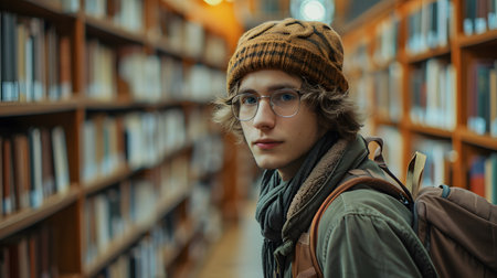 Academic Pursuit: A Confident University Student in the Library. Generative AIの素材