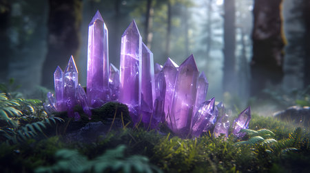 Amethyst Radiance: Shimmering Purple Jewel on a Nature-Inspired Background. Generative AIの素材