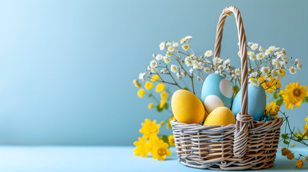 Colorful Festivities: Vibrant Easter Basket with Yellow and Blue Eggs. Generative AIの素材