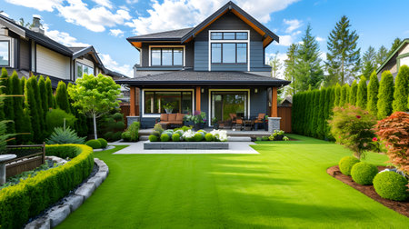 Suburban Serenity: Close View of a Well-Groomed Lawn. Generative AIの素材