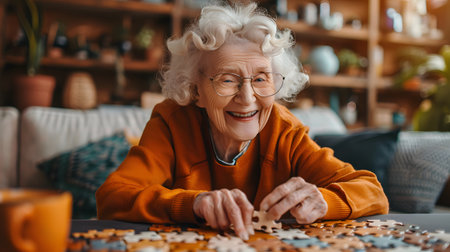 Mental Gymnastics: Smiling Elderly Woman Engages in Puzzle Therapyの素材