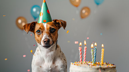 Festive Furry Friend: Colorful Dog Party with Funny Hats and Confettiの素材