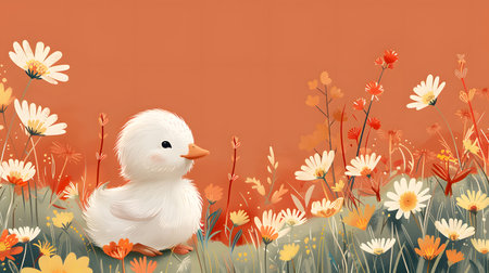 himsical Spring Farming: Funny Duckling and Chick in Vintage Folkloreの素材